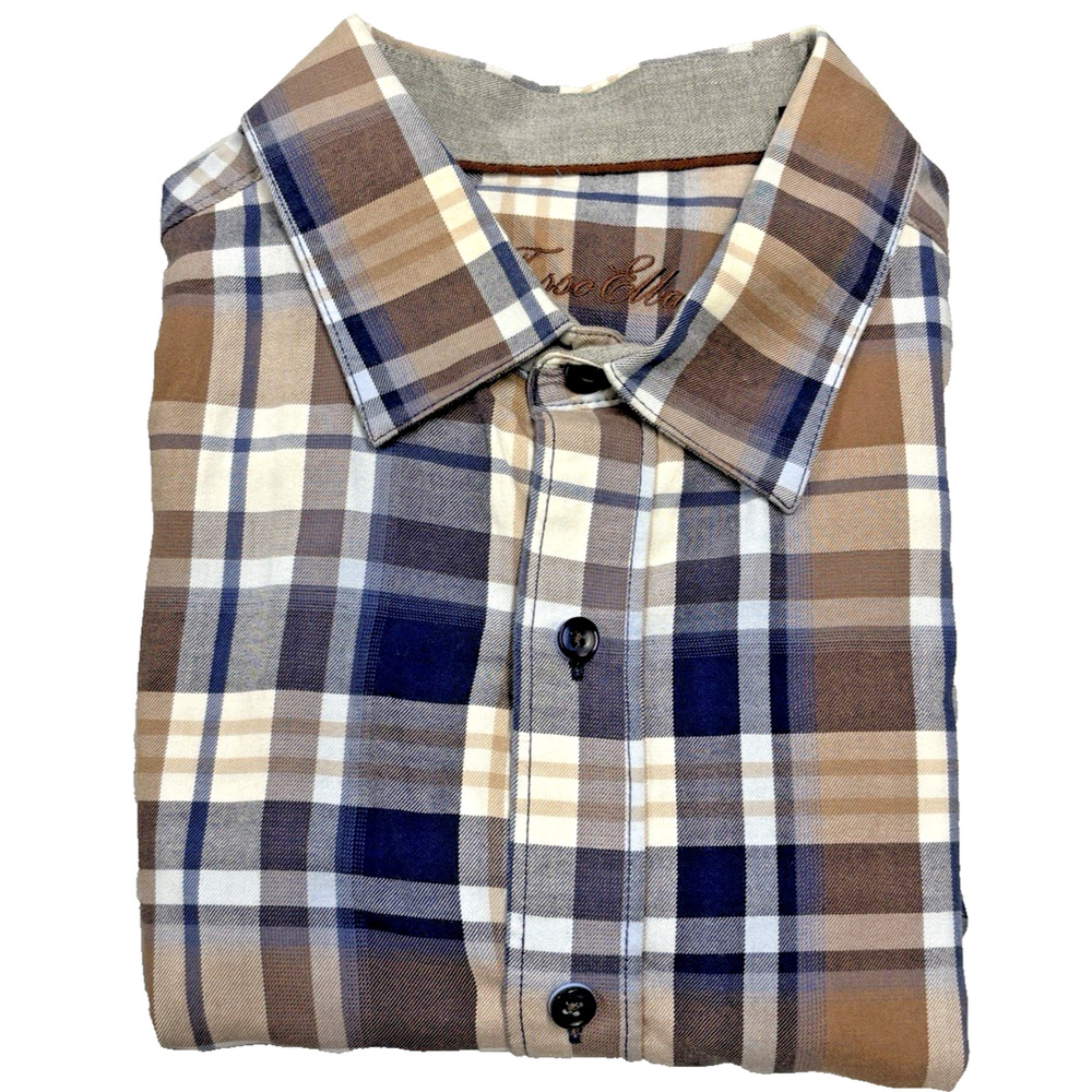 Tasso Elba-Men’s Shirt-Large (16-16.5) Blue Brown White-L.Sleeve- Plaid-Cotton